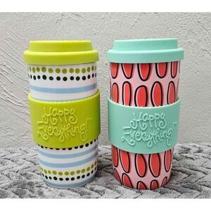 Two Coton Colors Happy Everything 16 Oz Travel Mugs w/Silicone Sleeves